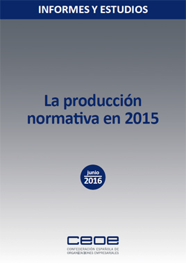 LA PRODUCCIÓN NORMATIVA EN 2015. Este informe examina la evolución reciente de la producción normativa en España, tanto la generada por el Estado como por las comunidades autónomas y la Unión Europea.<br />
<br />
LA PRODUCCIÓN NORMATIVA EN 2015<br />
<br />
1. La producción normativa estatal<br />
<br />
2. La producción normativa 2008-2011 versus 2012-2015<br />
<br />
3. Las páginas del BOE<br />
<br />
4. La producción normativa autonómica<br />
<br />
5. La producción normativa en la Unión Europea<br />
<br />
 